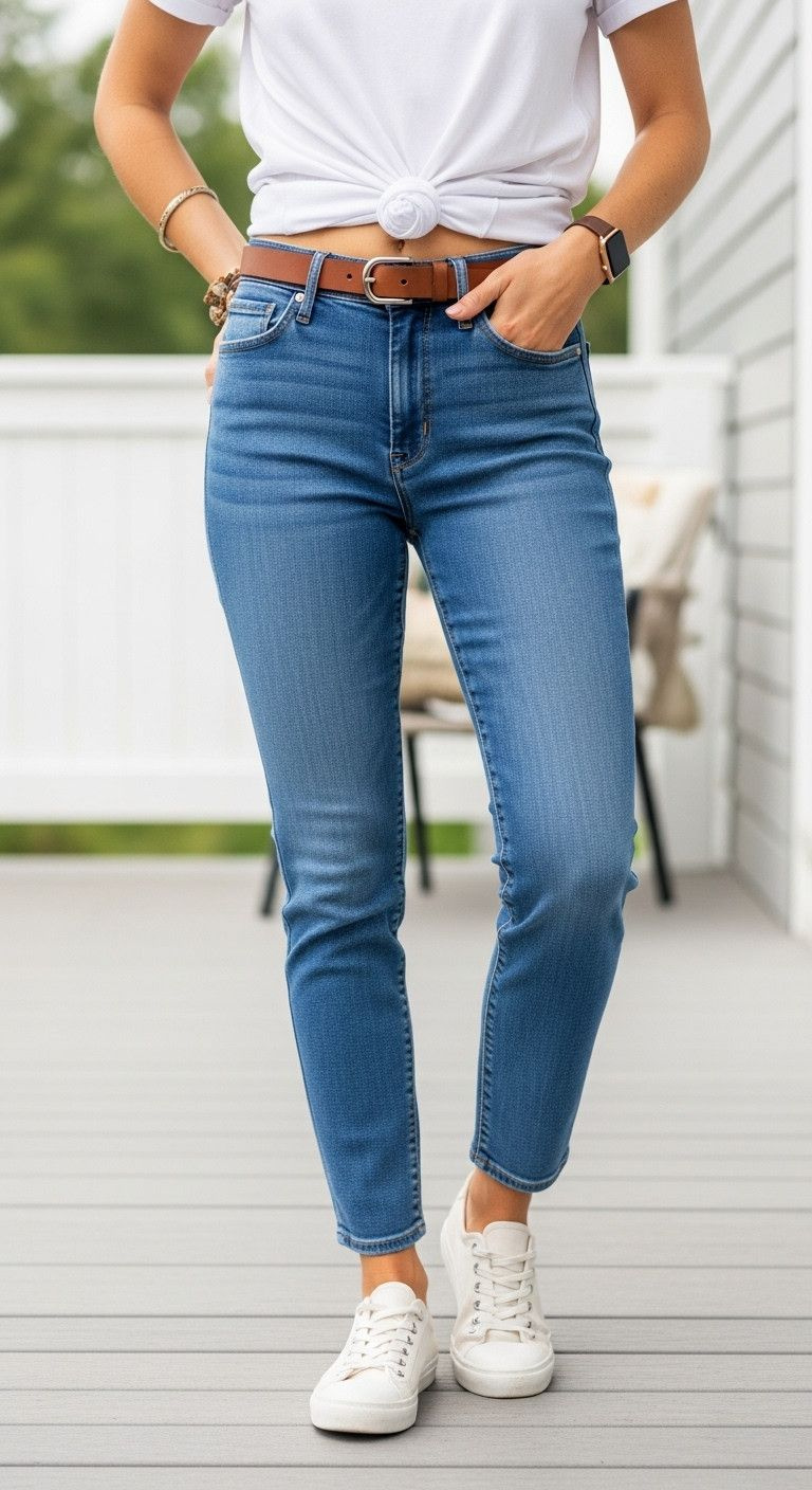 11 Cute Topgolf Outfits For Any Season Or Occasion Woman In Timeless Casual Outfit: Medium-Wash Straight-Leg Jeans, White T-Shirt, Brown Leather Belt, Classic Sneakers.