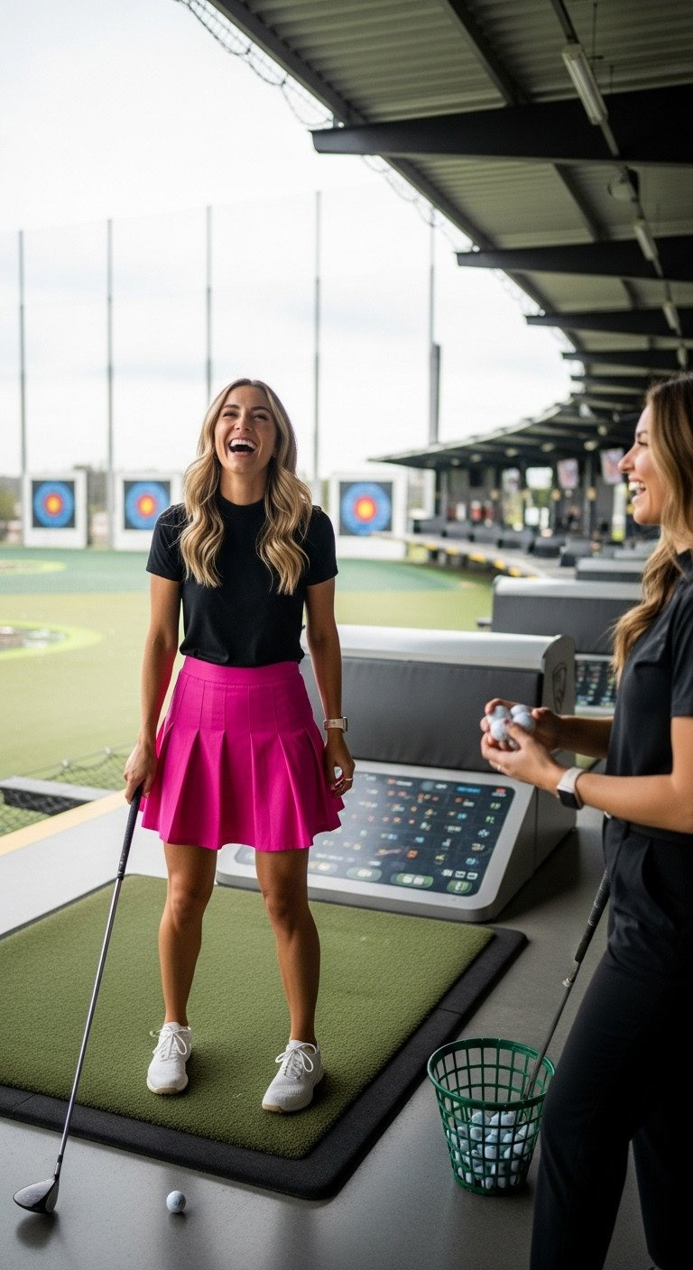 13 Chic Golf Outfit Ideas To Look Stylish On The Course Woman In Trendy Pink Pleated Golf Skort And Black Top, Laughing With Friend At Topgolf-Style Driving Range.
