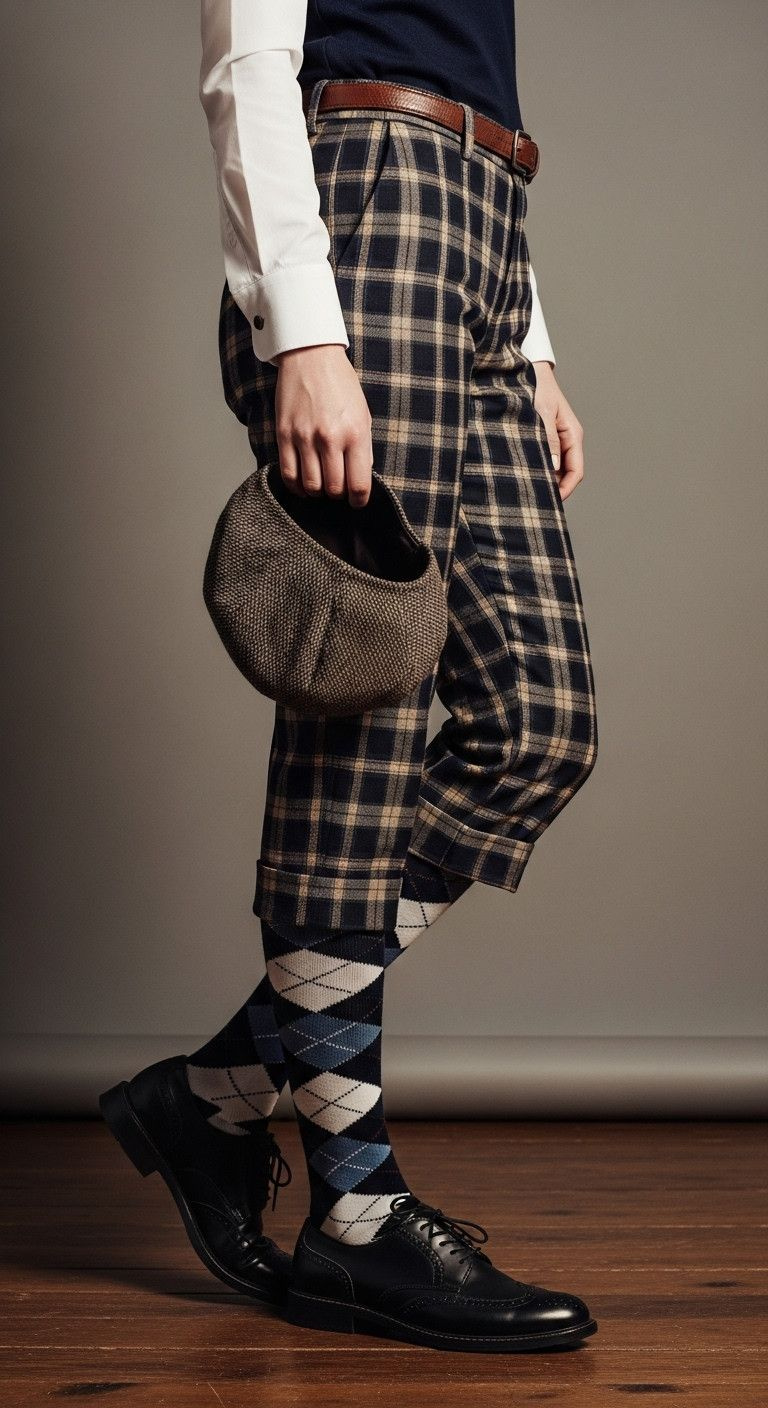 13 Golf Party Outfit Ideas From Chic To Downright Fun Woman In Vintage Plus Fours Golf Outfit: Plaid Cropped Trousers, Argyle Socks, Oxford Shoes, Newsboy Cap.