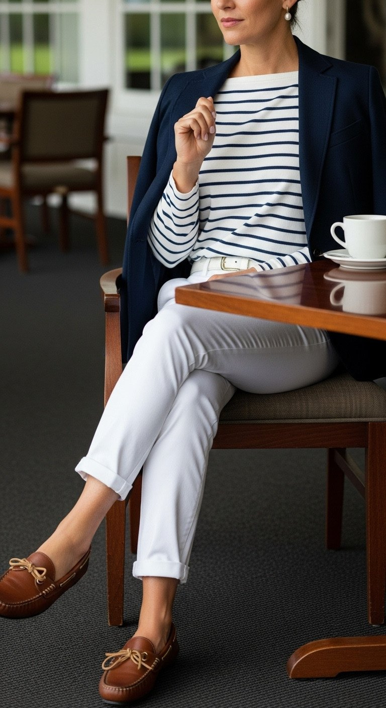 Woman In White Chino Pants, Striped Top, Navy Blazer, And Leather Moccasins On A Clubhouse Patio After Golf.