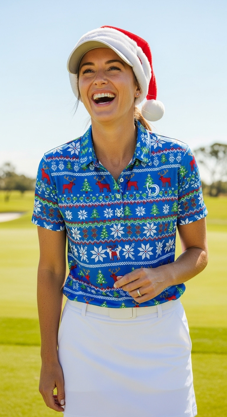 Woman Laughing In An Ugly Christmas Sweater Themed Golf Polo On A Golf Course