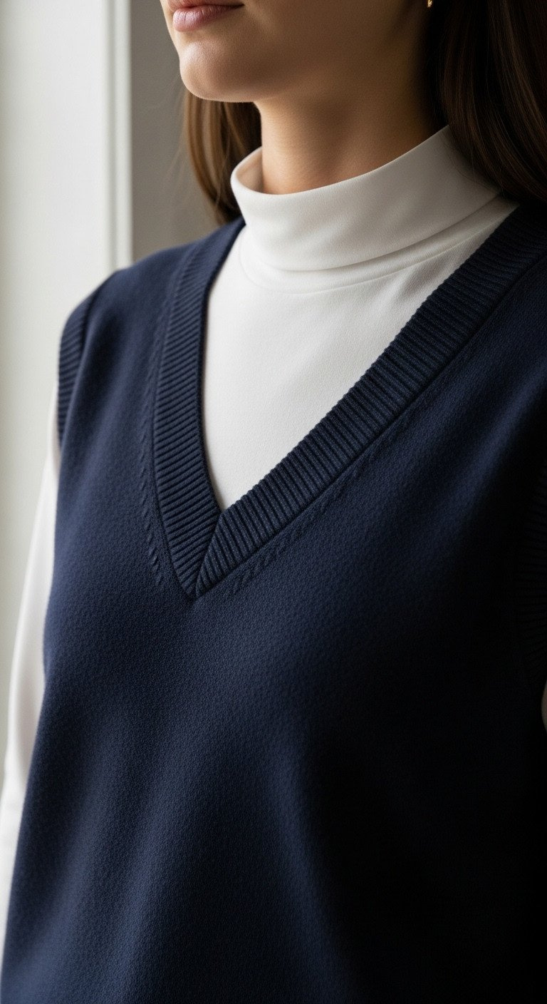 Woman Layering A White Mock Neck Base Layer Shirt Under A Navy Blue V-Neck Sweater Vest. Sophisticated Preppy Layered Fashion.