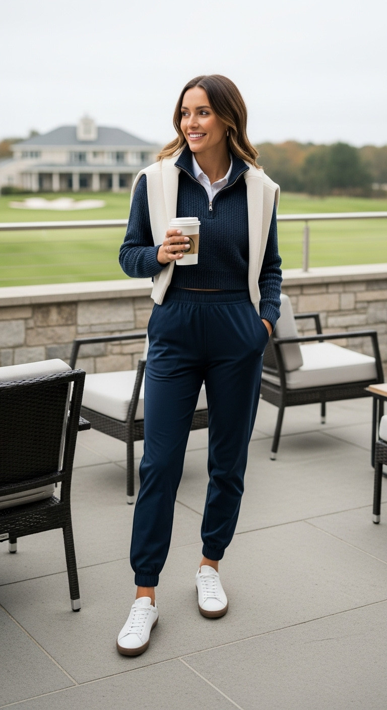 Woman On Clubhouse Patio In Navy Joggers Cream Pullover White Sneakers Holding Coffee With Blurred Golf Course Background