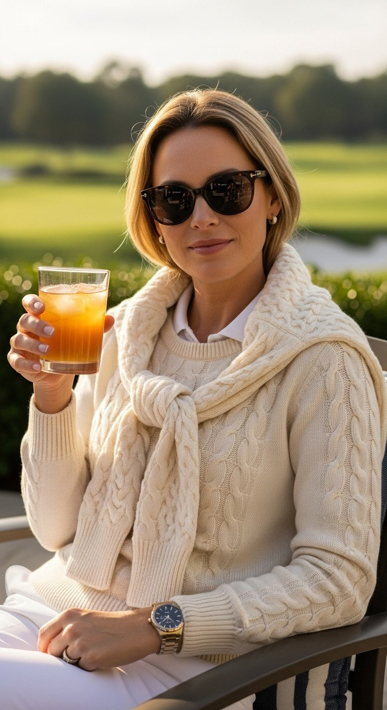 Woman Relaxing With Iced Tea, White Cable-Knit Golf Sweater Draped, On A Clubhouse Terrace Post-Round.