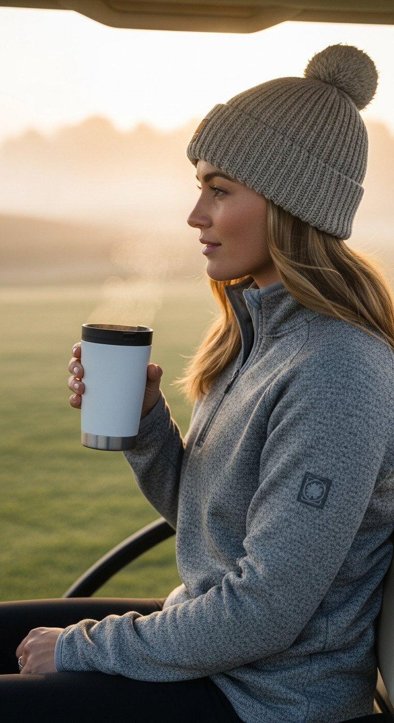 Woman Sipping Coffee From Thermos In A Cozy Heather Grey Crewneck Sweater On A Golf Cart In Morning Mist.