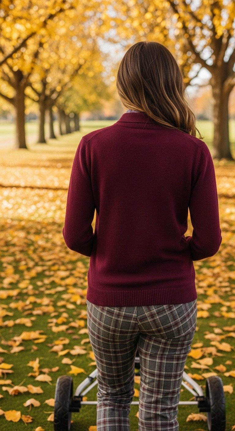 Woman Walking Down An Autumn Tree-Lined Fairway In A Burgundy Knit Sweater Polo And Plaid Golf Pants.