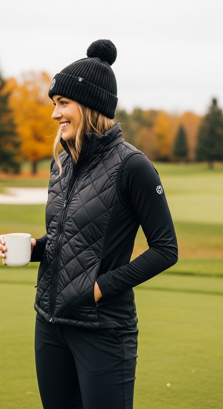 Woman Wearing A Black Quilted Golf Vest Over A Long-Sleeve Base Layer, With A Beanie And Coffee, On An Autumn Course.