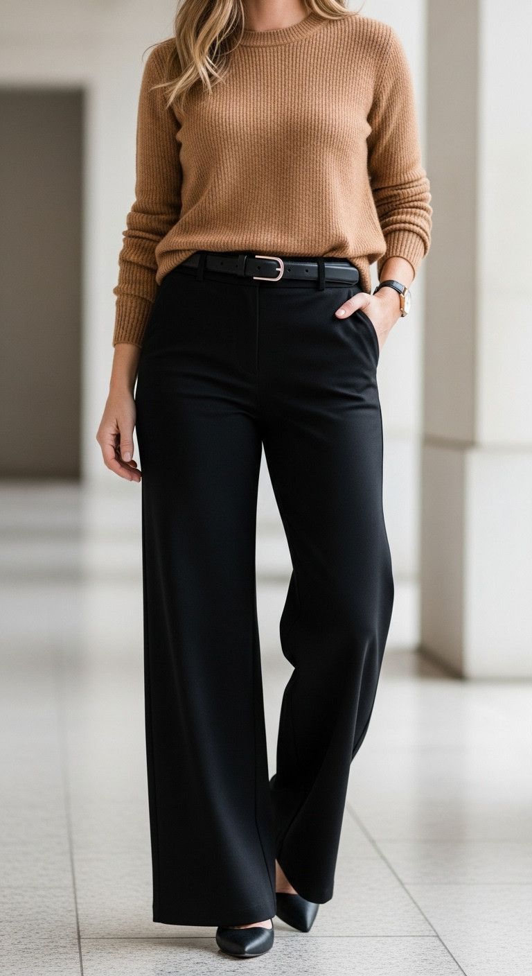 11 Cute Topgolf Outfits For Any Season Or Occasion Woman Wearing Black Wide-Leg Trousers, Camel Knit Sweater, Leather Belt, And Classic Watch For A Smart Casual Corporate Event.