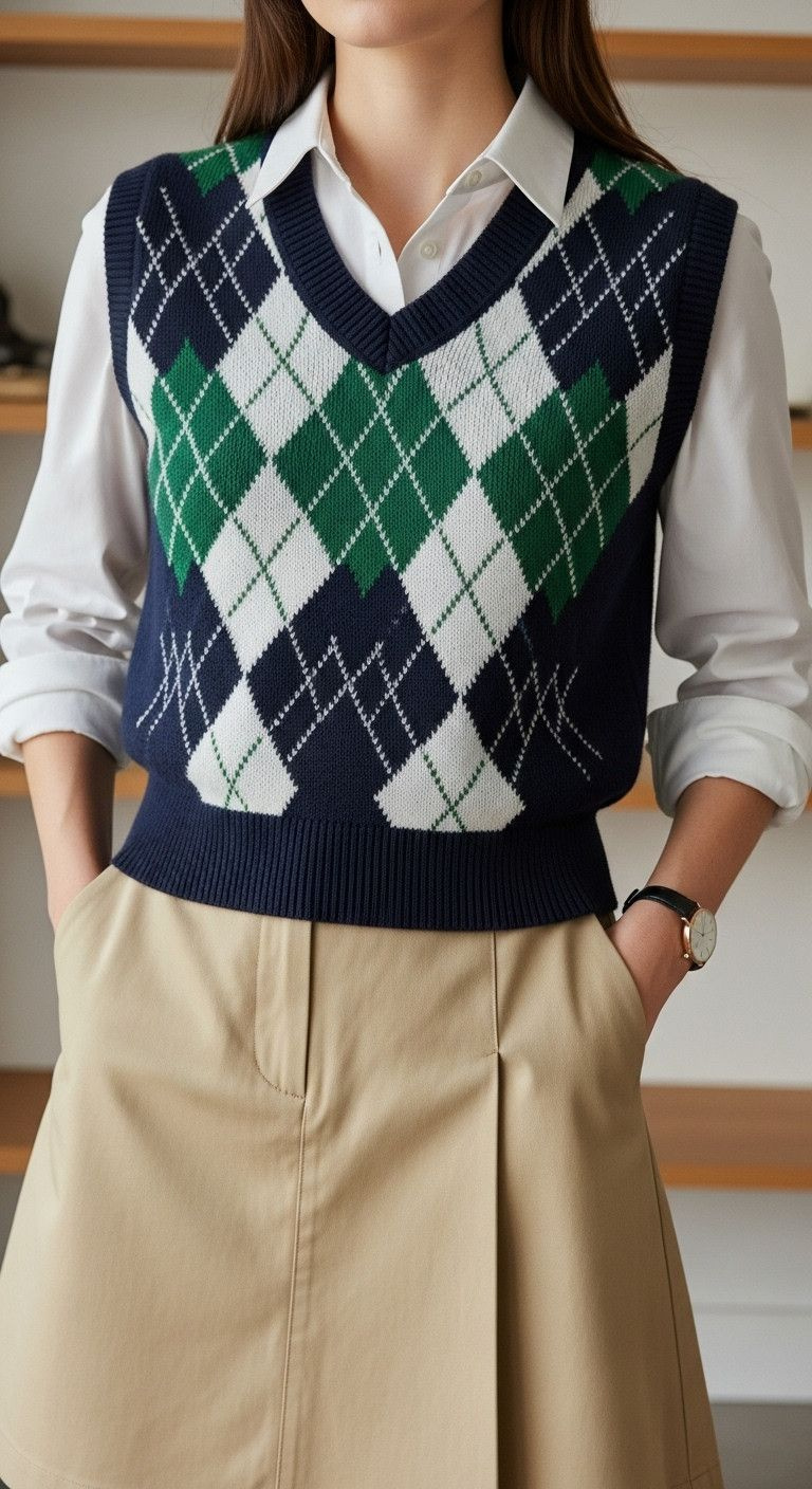 13 Golf Party Outfit Ideas From Chic To Downright Fun Woman Wearing Classic Preppy Argyle Sweater Vest Over White Shirt, Khaki Skort, And Leather Watch Against A Blurred Bookshelf.