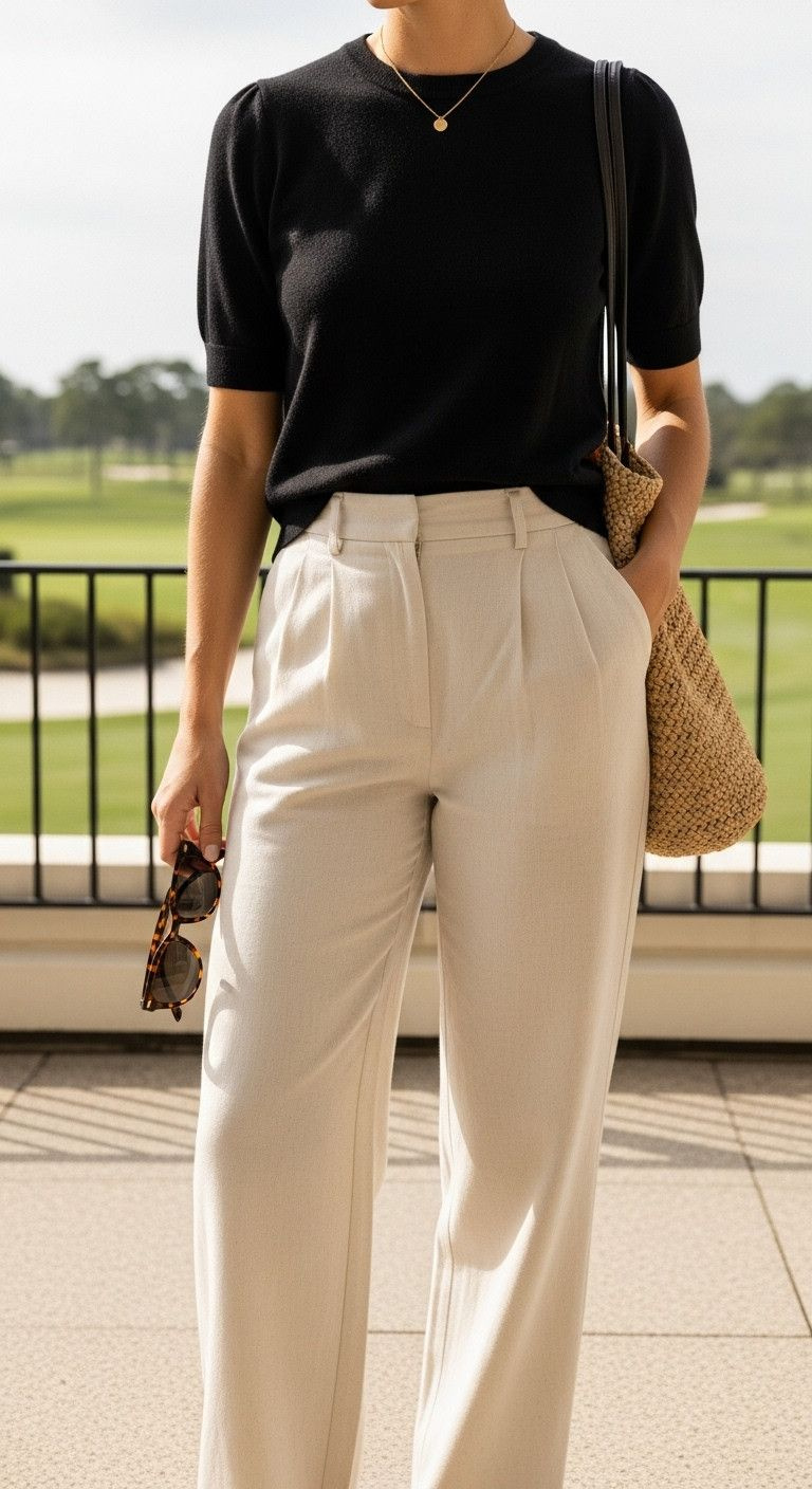 Woman Wearing Cream Linen Trousers, Black Knit Sweater, Tortoiseshell Sunglasses, Woven Tote On A Clubhouse Patio.