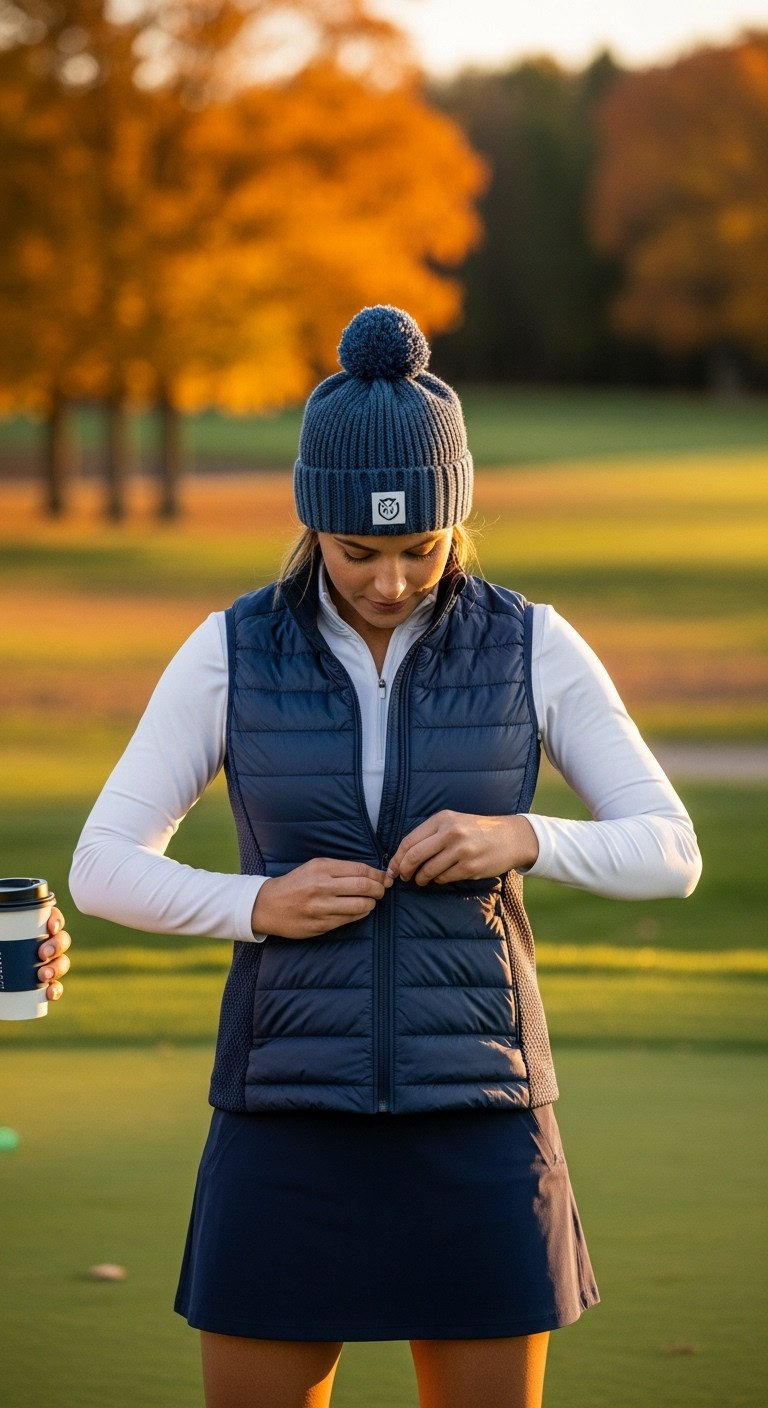 Unlock Your Golf Girl Outfit Aesthetic With 9 Modern Looks Woman Zipping Up A Navy Golf Vest Over A White Long-Sleeve Top And Navy Skort, With Fall Foliage On Tee Box. Cozy Autumn Golf Style.