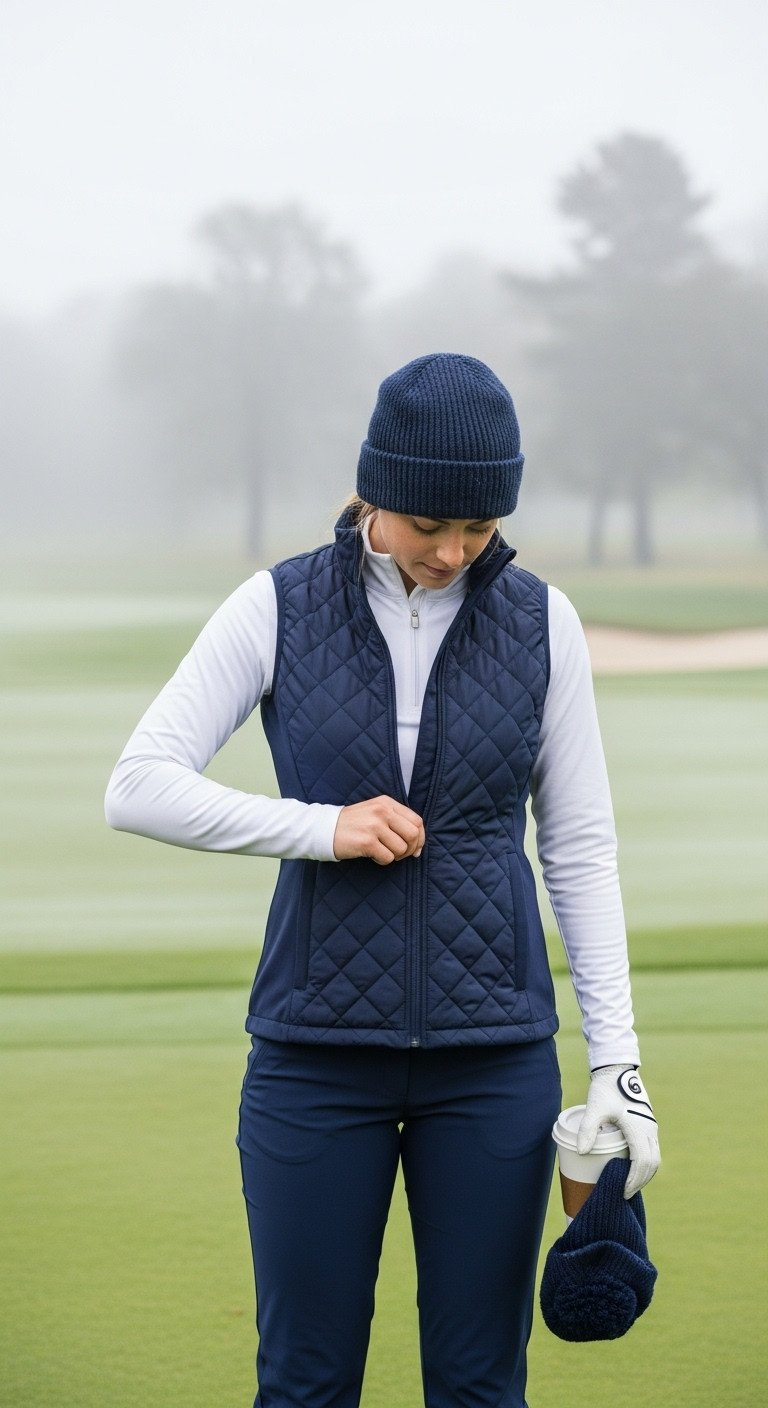 Woman Zipping Up A Navy Quilted Golf Vest Over A White Base Layer And Pants, On A Cool, Misty Morning Tee Box.