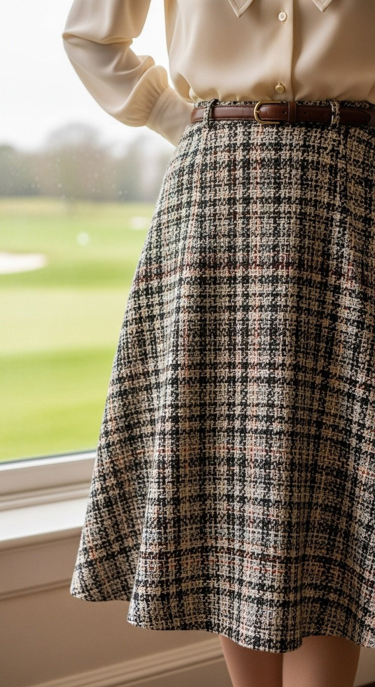 Woman'S 1940S A-Line Plaid Wool Golf Skirt, Cream Peter Pan Collar Blouse, Leather Belt. Clubhouse Background Golf Course View.
