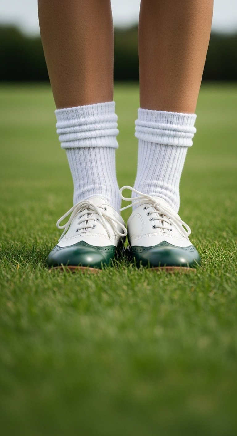Woman'S Feet With Chunky White Athletic Socks And Classic Two-Tone Golf Shoes On Green Grass. Preppy Golf Footwear Style.