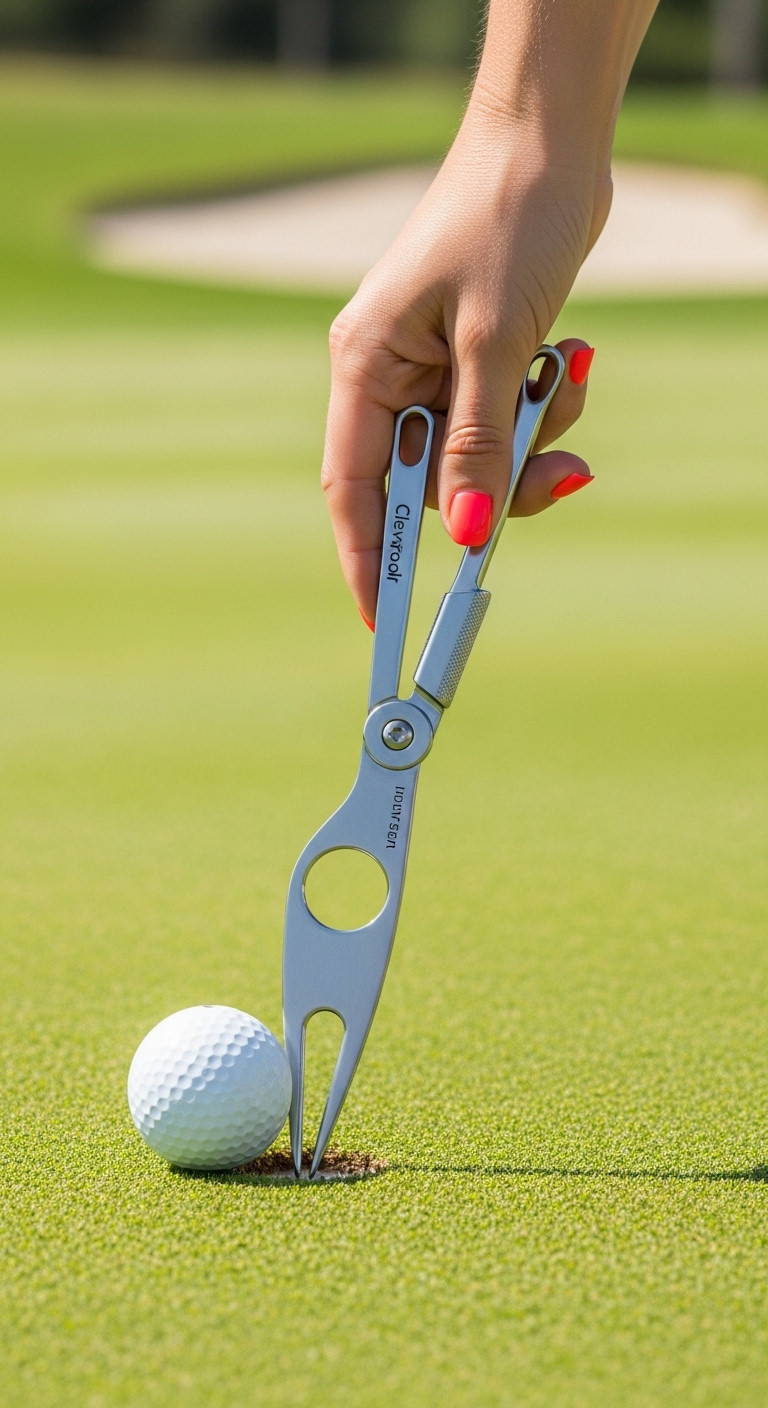 Woman'S Hand Using A Sleek 5-In-1 Golf Tool To Fix A Divot On A Green
