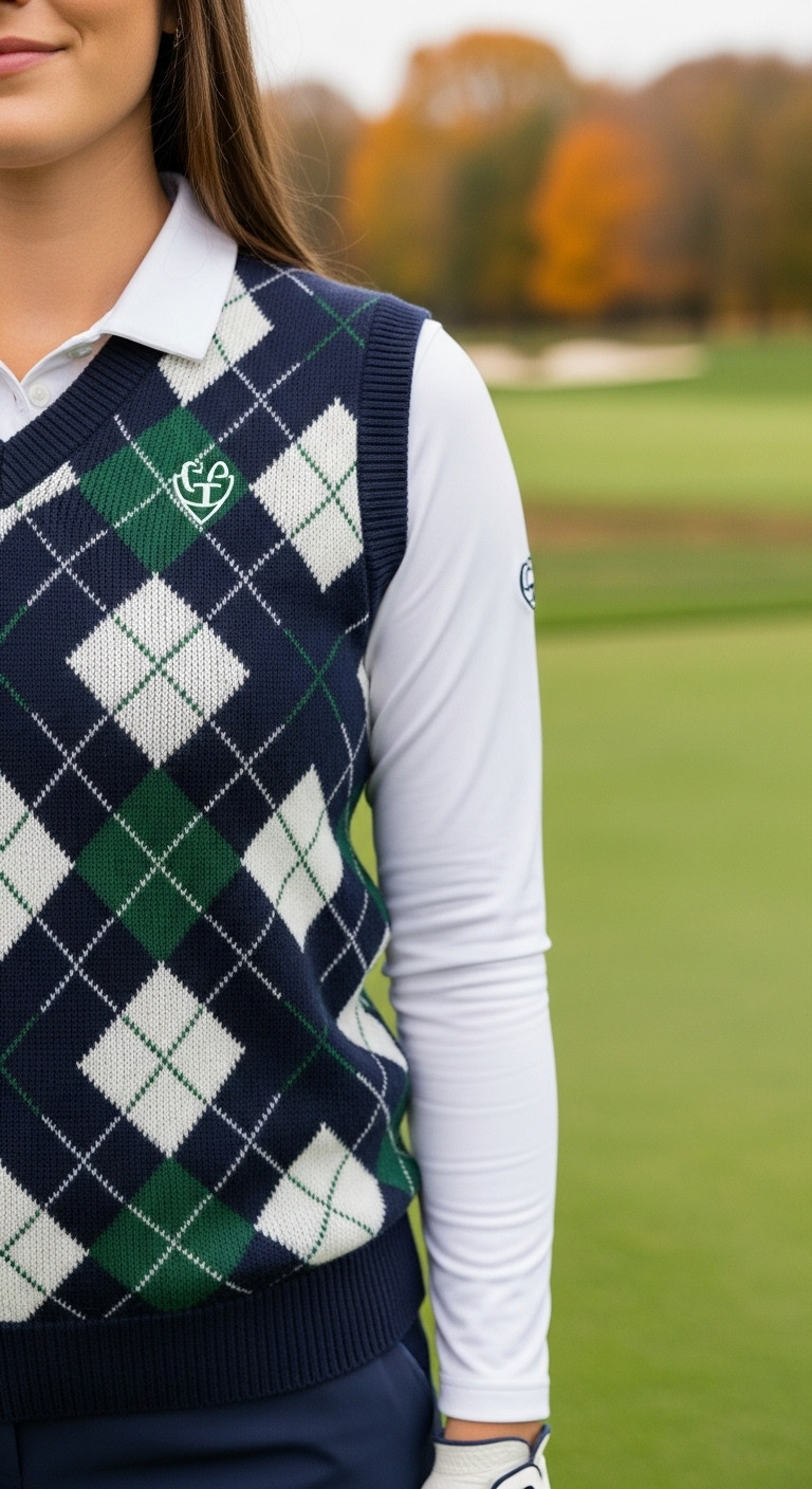 11 Effortlessly Chic Preppy Golf Outfit Ideas For Women Woman'S Torso In Classic Navy, Green, White Argyle Sweater Vest Over White Long-Sleeve Performance Top On Fall Golf Course.