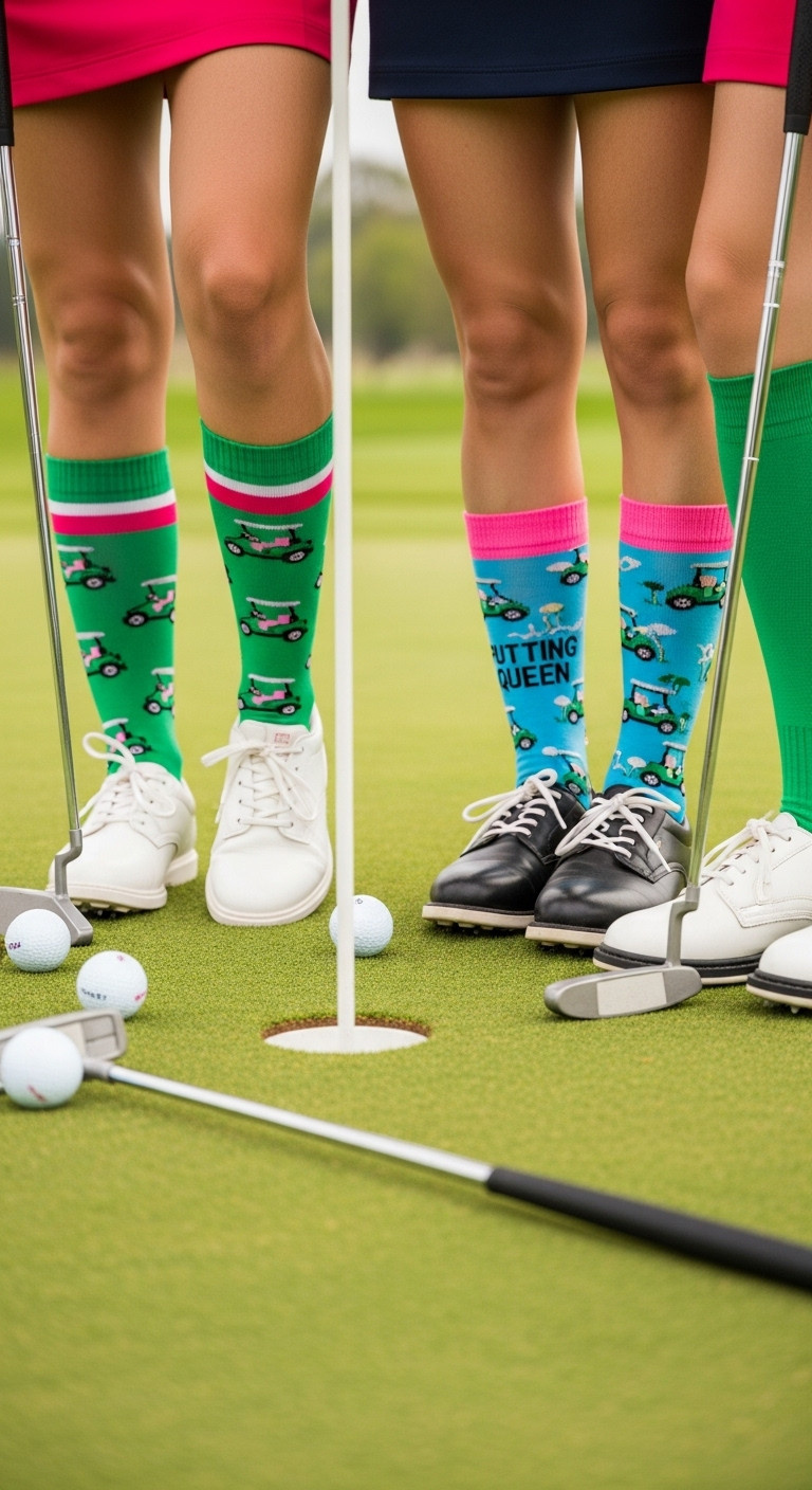 Women'S Feet In Golf Shoes And Colorful Golf Socks On A Putting Green