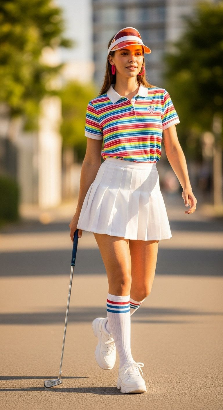 13 Golf Party Outfit Ideas From Chic To Downright Fun Young Woman In Playful Pub Golf Outfit: White Pleated Mini Skirt, Colorful Striped Polo, Athletic Socks, Visor, Sneakers.