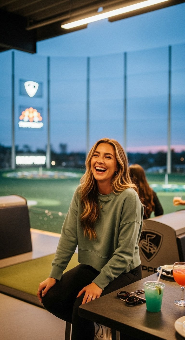 Young Woman Laughing, Wearing A Sage Green Athleisure Sweater At A Trendy Topgolf Entertainment Venue At Dusk.