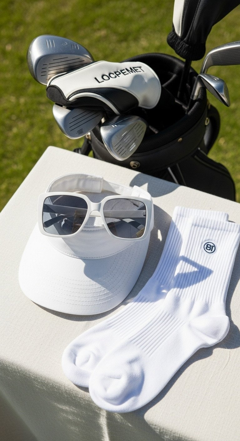 80S Golf Accessories: Mirrored Aviator Sunglasses On A White Visor With Athletic Socks, Flat Lay On Linen, With Golf Bag In Background.