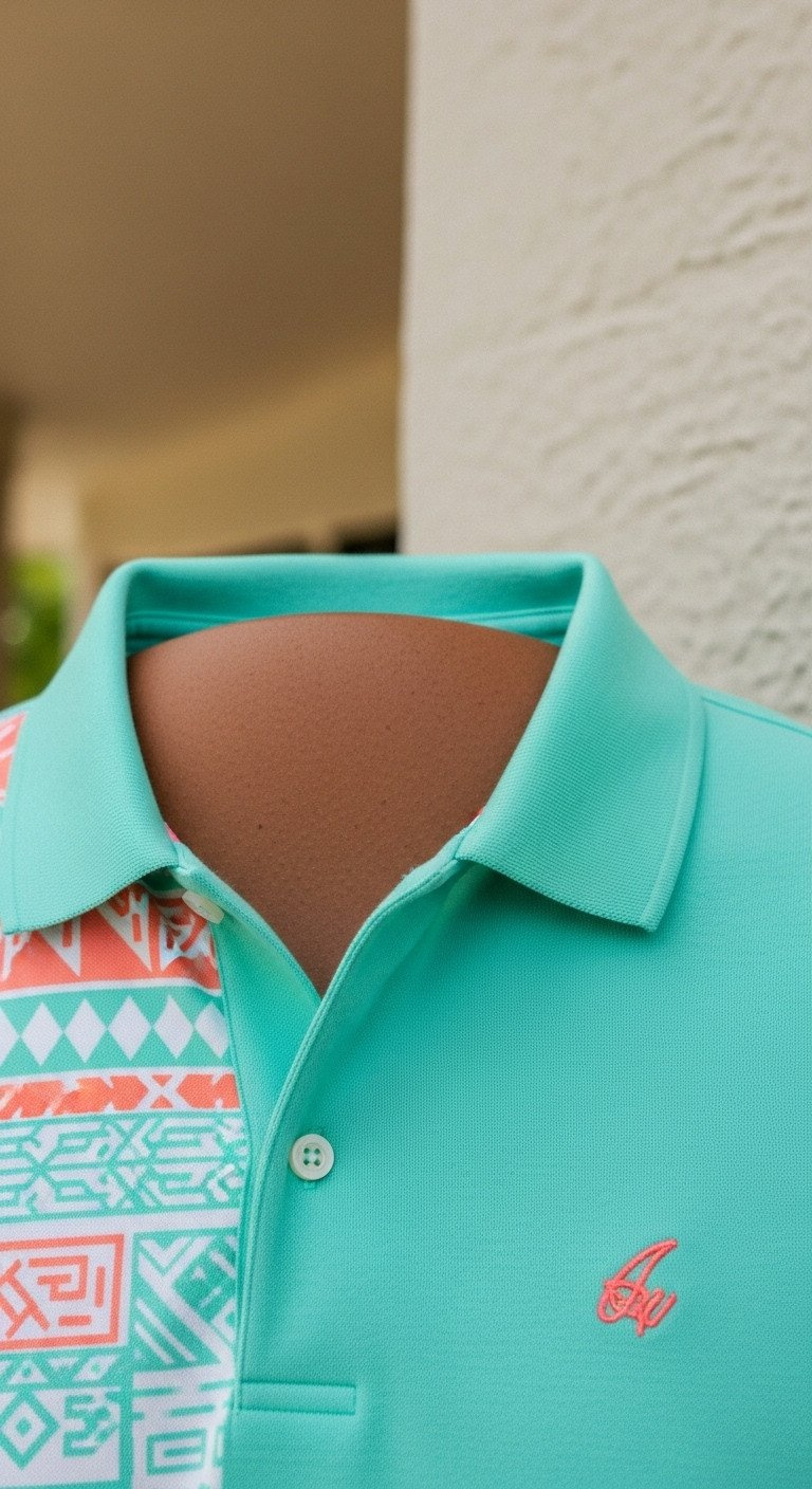 80S Men'S Golf Polo Collar In Vibrant Mint Green, Crisp And 'Popped,' With A Geometric Pattern, Soft Clubhouse Background, Perfect For Retro Golf Fashion.