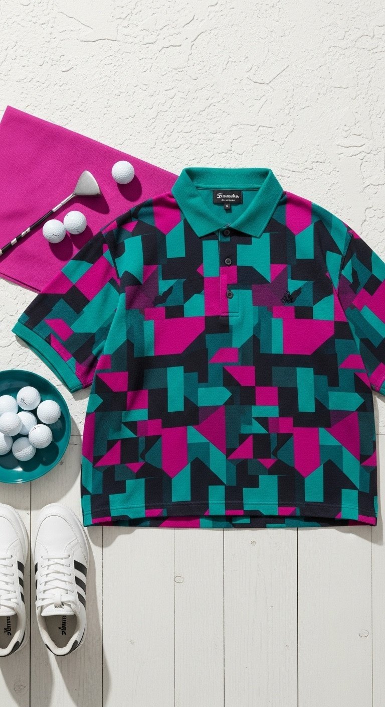 90S Golf Polo: Oversized, Boxy-Fit With Bold Geometric Pattern In Teal, Magenta, Black. Vintage Golf Fashion, Flat Lay.