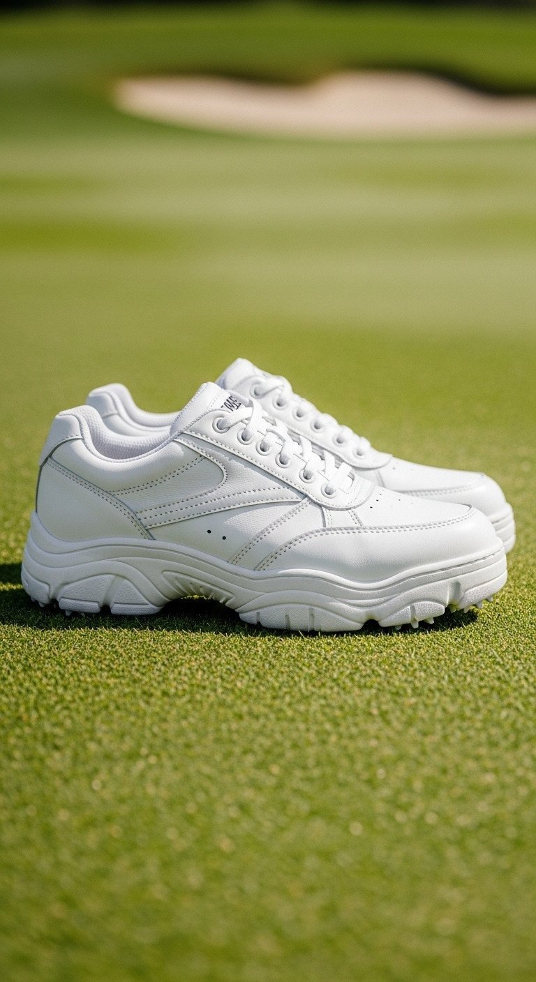 90S Golf Style: Chunky Retro White Golf Shoes With Soft Spikes On Green Fairway Grass, Blurred Bunker In Background.