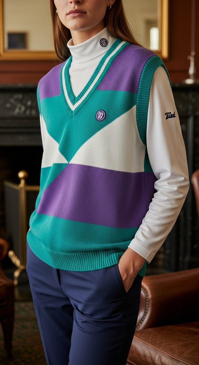 90S Golf Style: Oversized Knit V-Neck Golf Vest, Geometric Pattern (Teal, Purple, White), Layered Over Mock Neck.