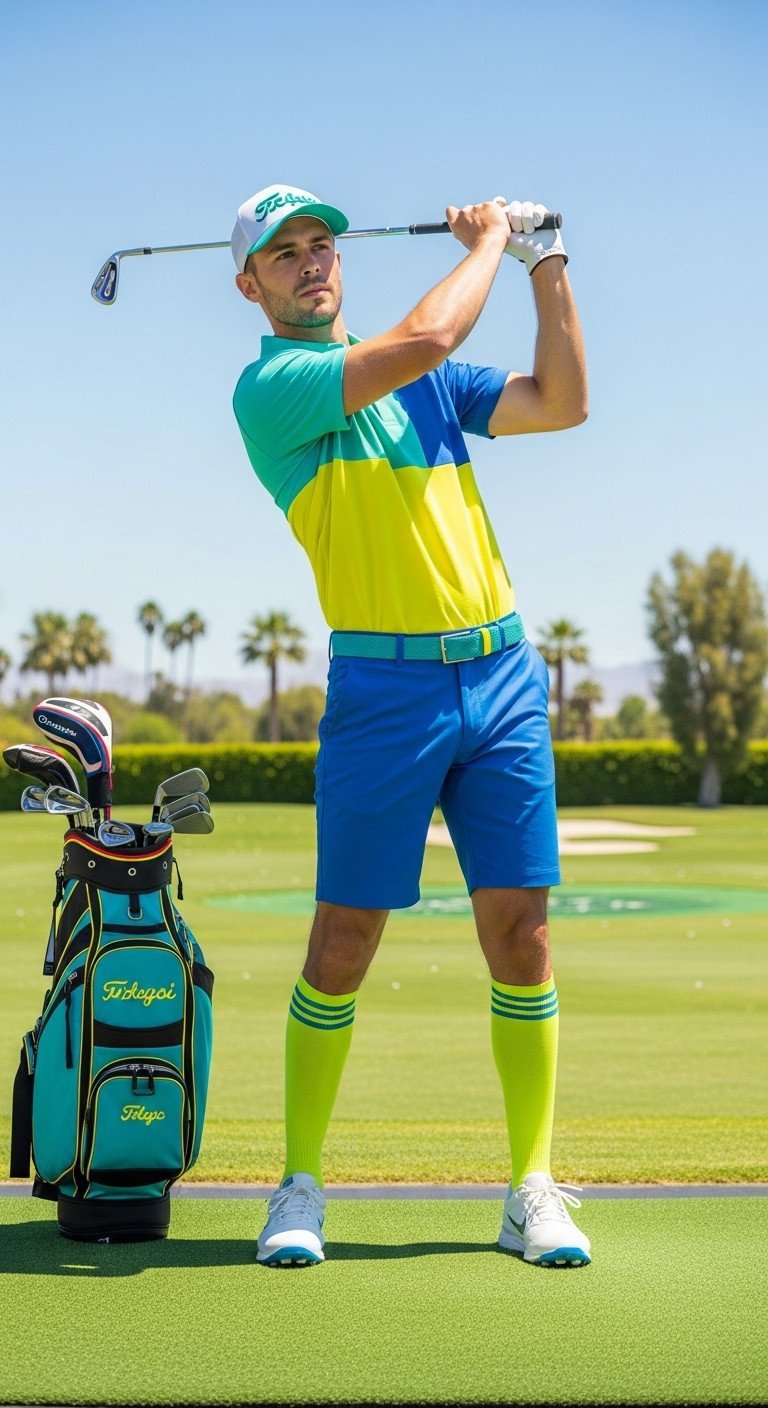 90S Golf Style: Vivid Color-Blocked Ensemble In Teal, Neon Yellow, Royal Blue Shirt, Shorts, And Accessories.