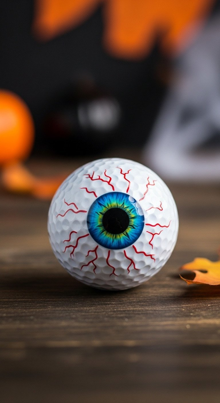A Diy Halloween Golf Ball Craft Painted To Look Like A Spooky, Bloodshot Eyeball With A Vibrant Blue Iris On A Rustic Table.