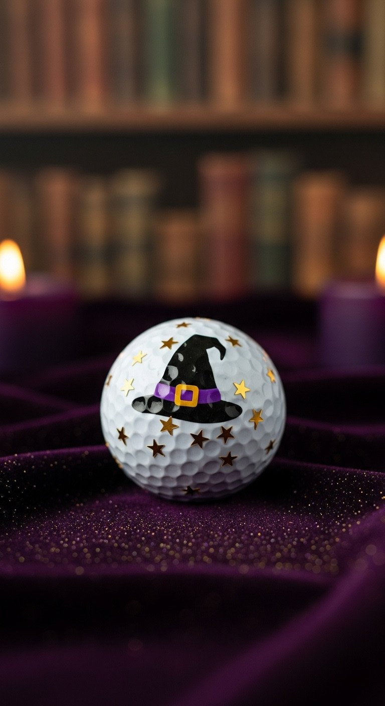 A Diy Halloween Golf Ball Decorated With A Black Witch'S Hat And Tiny Gold Stars On A Mystical Purple Velvet Background.