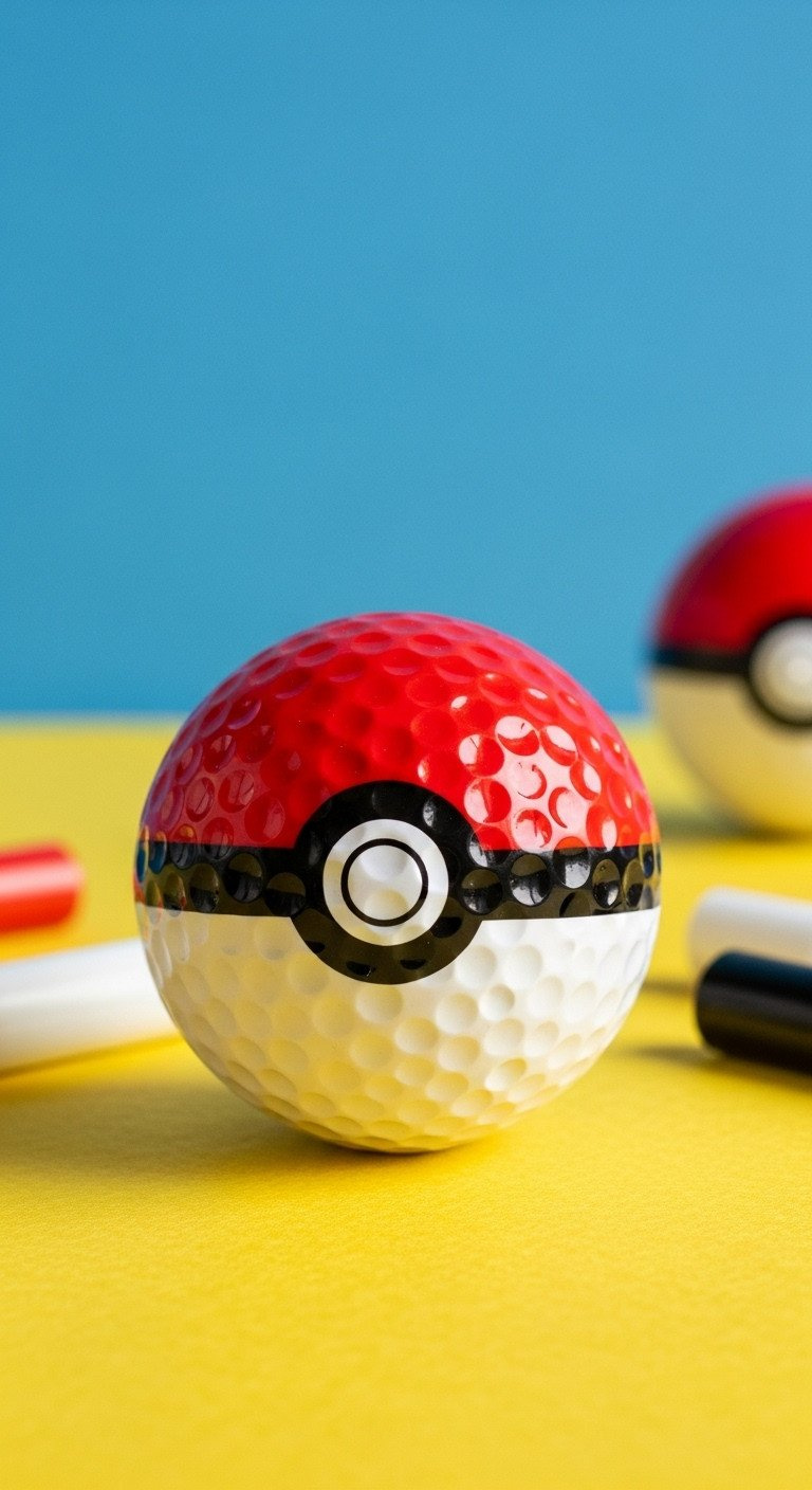 A Diy Golf Ball Hand-Painted To Look Like A Pokemon Pokeball, With Red, White, And Black Sections On A Yellow Surface.
