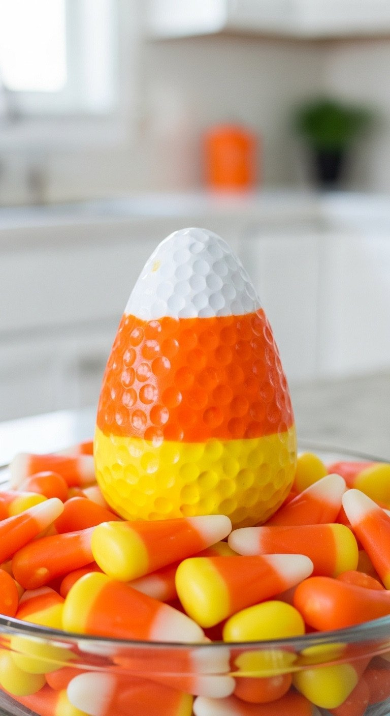 A Diy Golf Ball Painted With Orange And Yellow Stripes To Look Like A Piece Of Candy Corn, Sitting In A Bowl Of Candy.