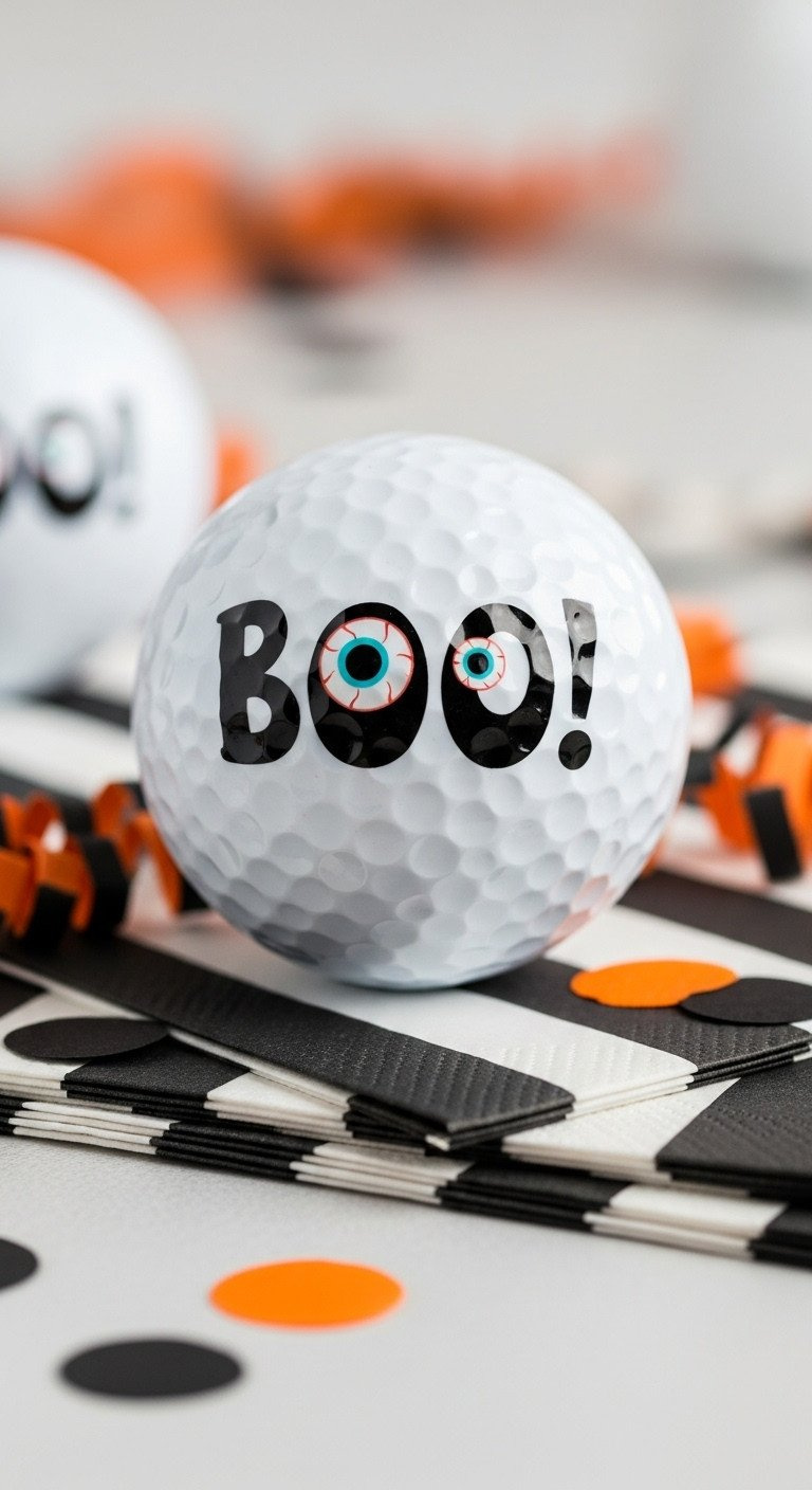 A Diy Golf Ball With &Quot;Boo!&Quot; In Black Bubbly Font Where The Os Are Cartoon Eyeballs, Styled On Striped Party Napkins.