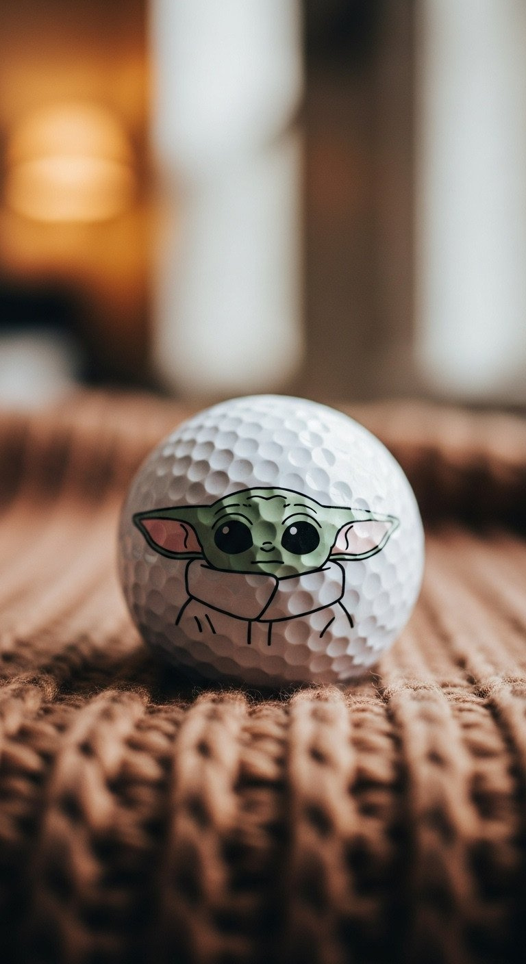 9 Genius Star Wars Golf Ball Designs That Will Not Smudge A Diy Golf Ball With A Cute Drawing Of Baby Yoda (Grogu) Rests On A Soft, Knitted Brown Blanket In A Cozy Room.