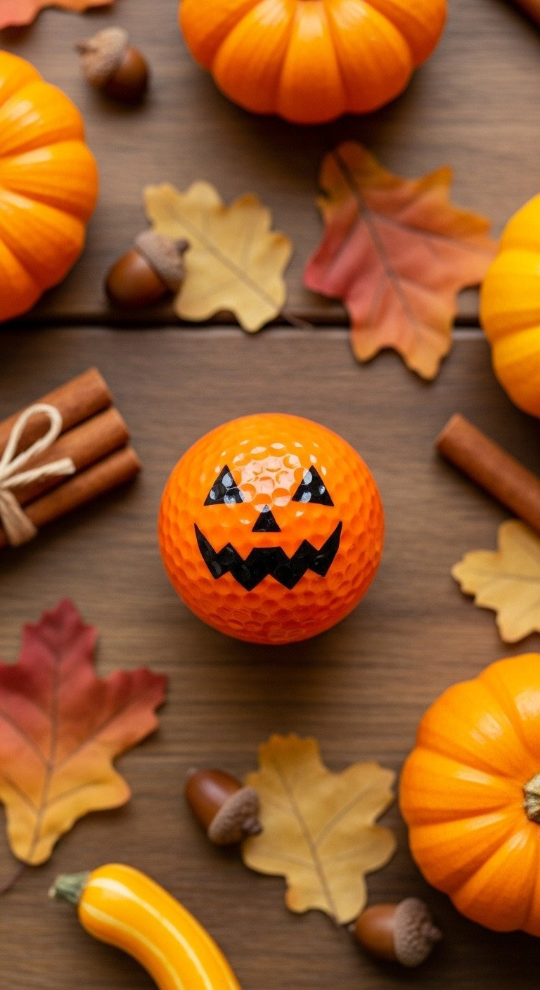A Diy Jack-O'-Lantern Golf Ball Painted Orange With A Classic Spooky Face, Shown In A Flat Lay With Autumn Leaves.