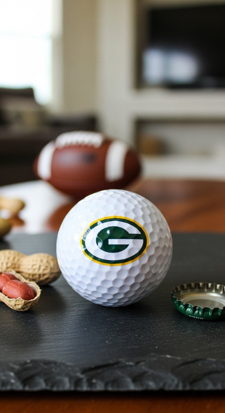 A Diy White Golf Ball With A Hand-Drawn Green Bay Packers 'G' Logo In Green And Gold On A Dark Slate Surface.