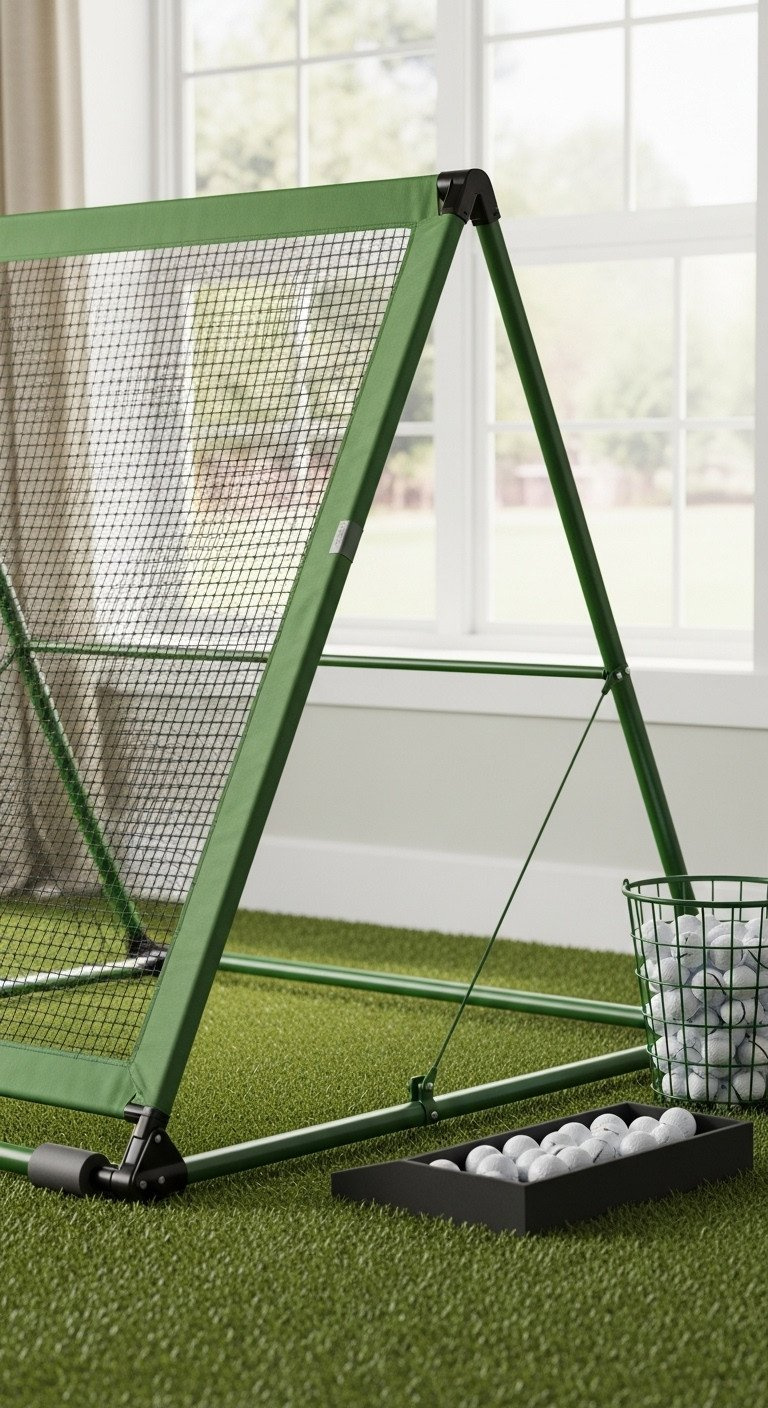 A-Frame Slanted Diy Golf Net On A Turf Mat With Base Weights And Golf Balls In A Manicured Backyard Setting.