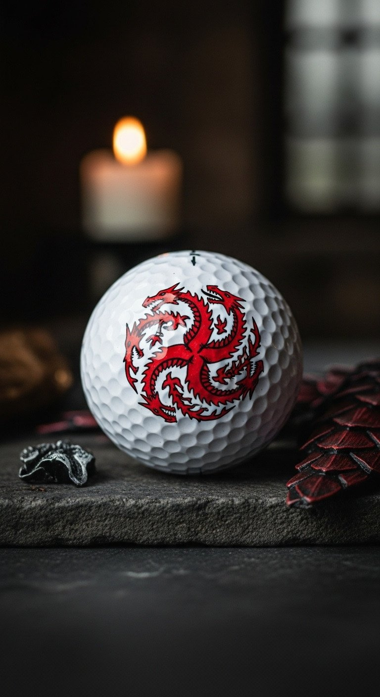 A Game Of Thrones Inspired Diy Golf Ball Featuring The Red And Black Targaryen Three-Headed Dragon Sigil On A Dark Stone.