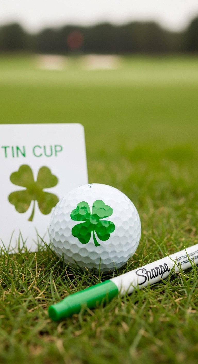 A Titleist Golf Ball With A Green Four-Leaf Clover For Luck, Nestled In The Grass On A Golf Course With A Marking Stencil.
