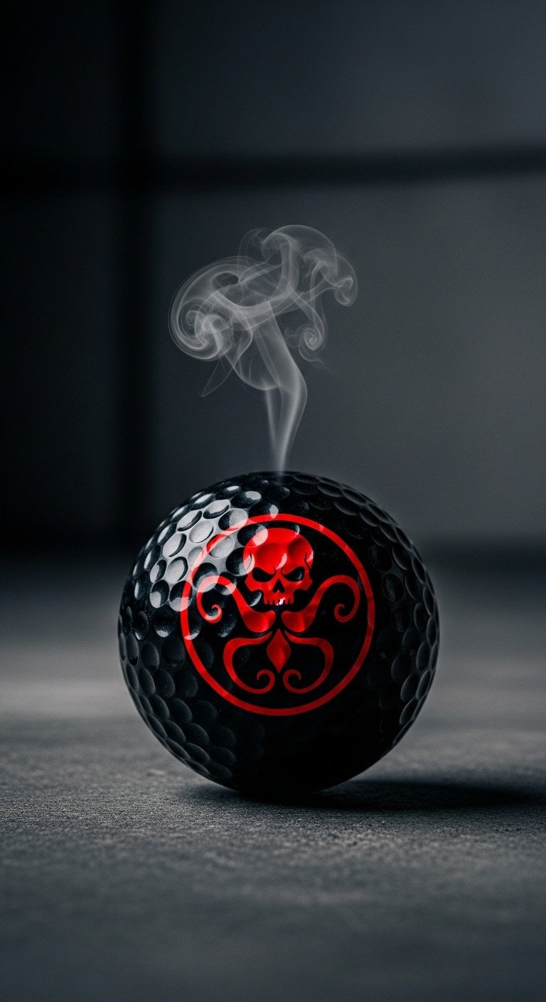 11 Genius Marvel Golf Ball Designs You Can Make With A Sharpie A Black Golf Ball With The Hand-Drawn Red Hydra Skull Logo Resting On A Concrete Surface In A Dimly Lit Setting.