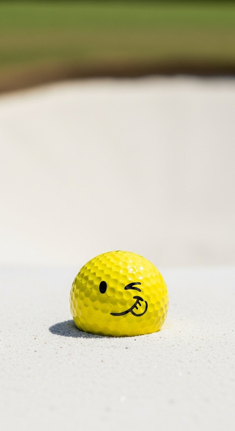 A Bright Yellow Golf Ball With A Hand-Drawn Winking Face Emoji Marking Nestled In The White Sand Of A Golf Bunker.