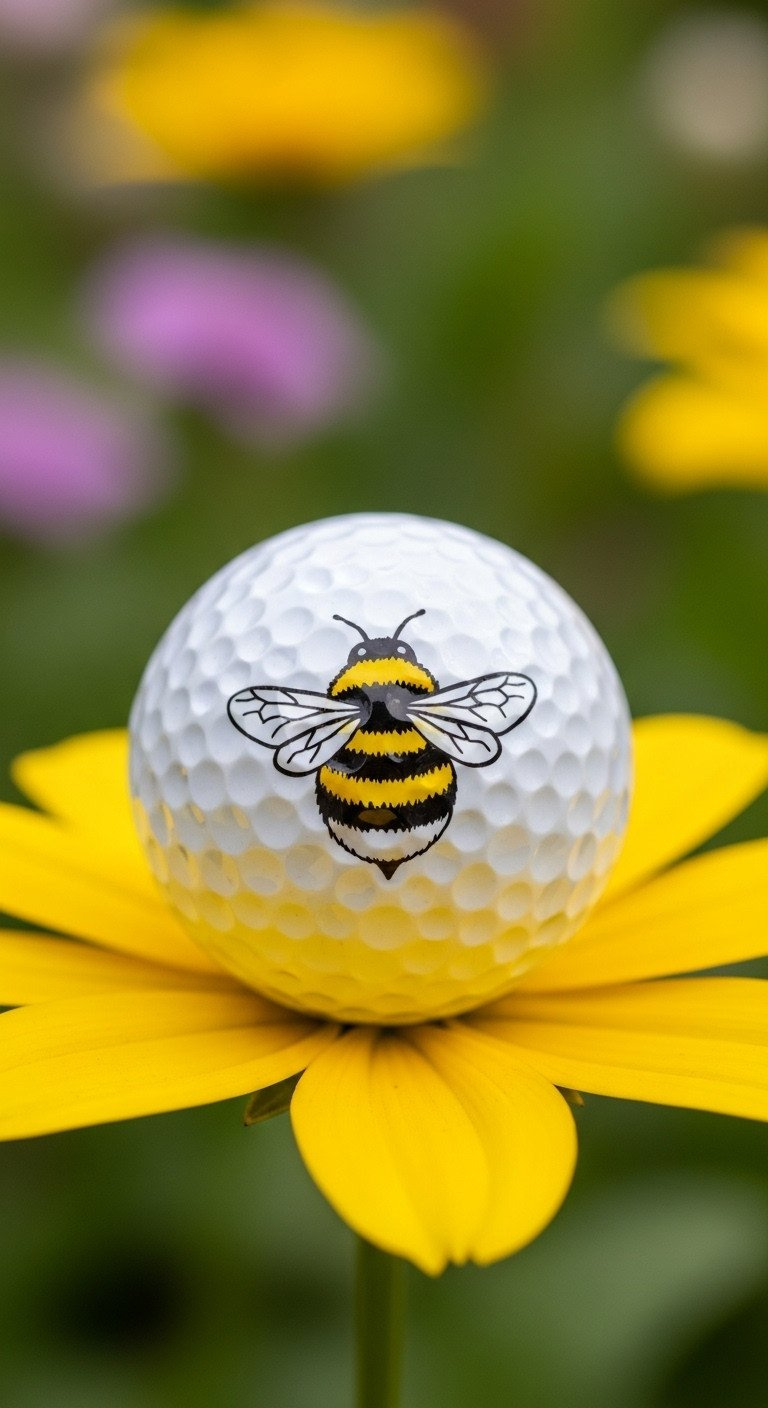 A Charming Hand-Drawn Bumblebee With Yellow And Black Stripes On A White Golf Ball, A Cute Diy Golf Gift Idea.