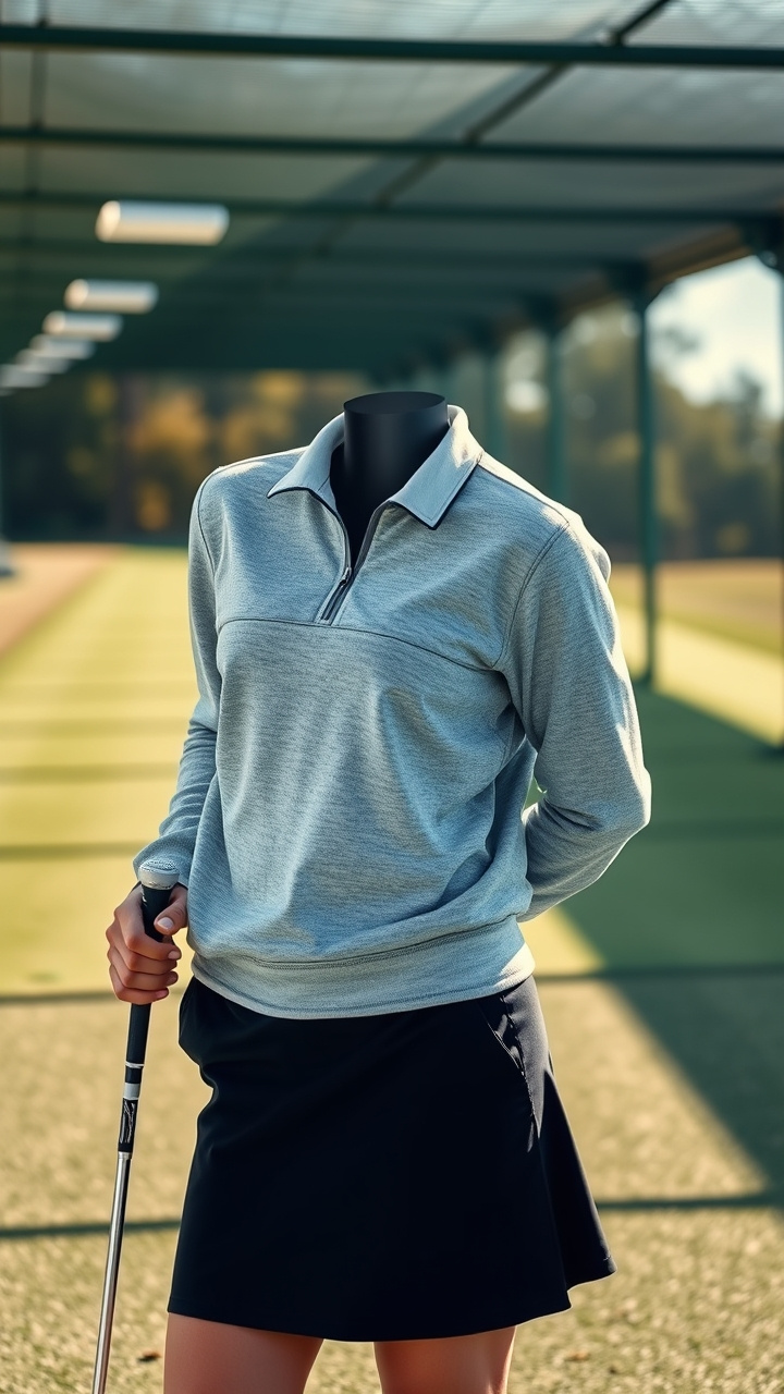 A Chic Course-To-Brunch Outfit Featuring A Black Golf Skort And A Cozy Cream Knit Sweater, Styled With White Fashion Sneakers.
