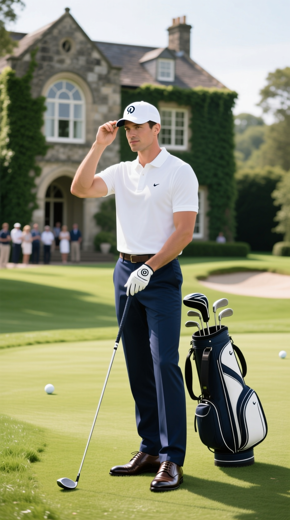 A Classically Dressed Golfer In A White Polo And Navy Trousers Tips His Cap On The 18Th Green Of A Historic Course.