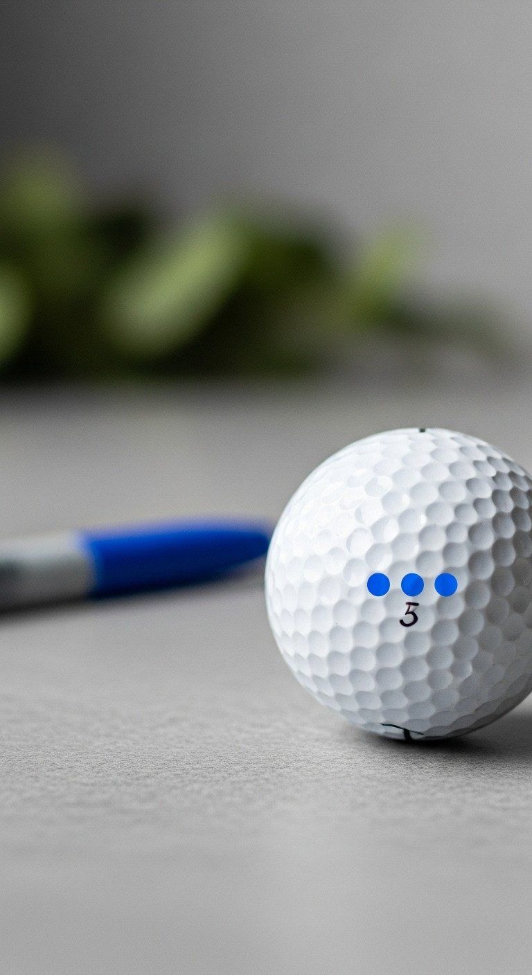 A Clean White Golf Ball On A Gray Surface Marked With Three Vibrant Blue Dots In A Triangle For Easy Identification On The Course.
