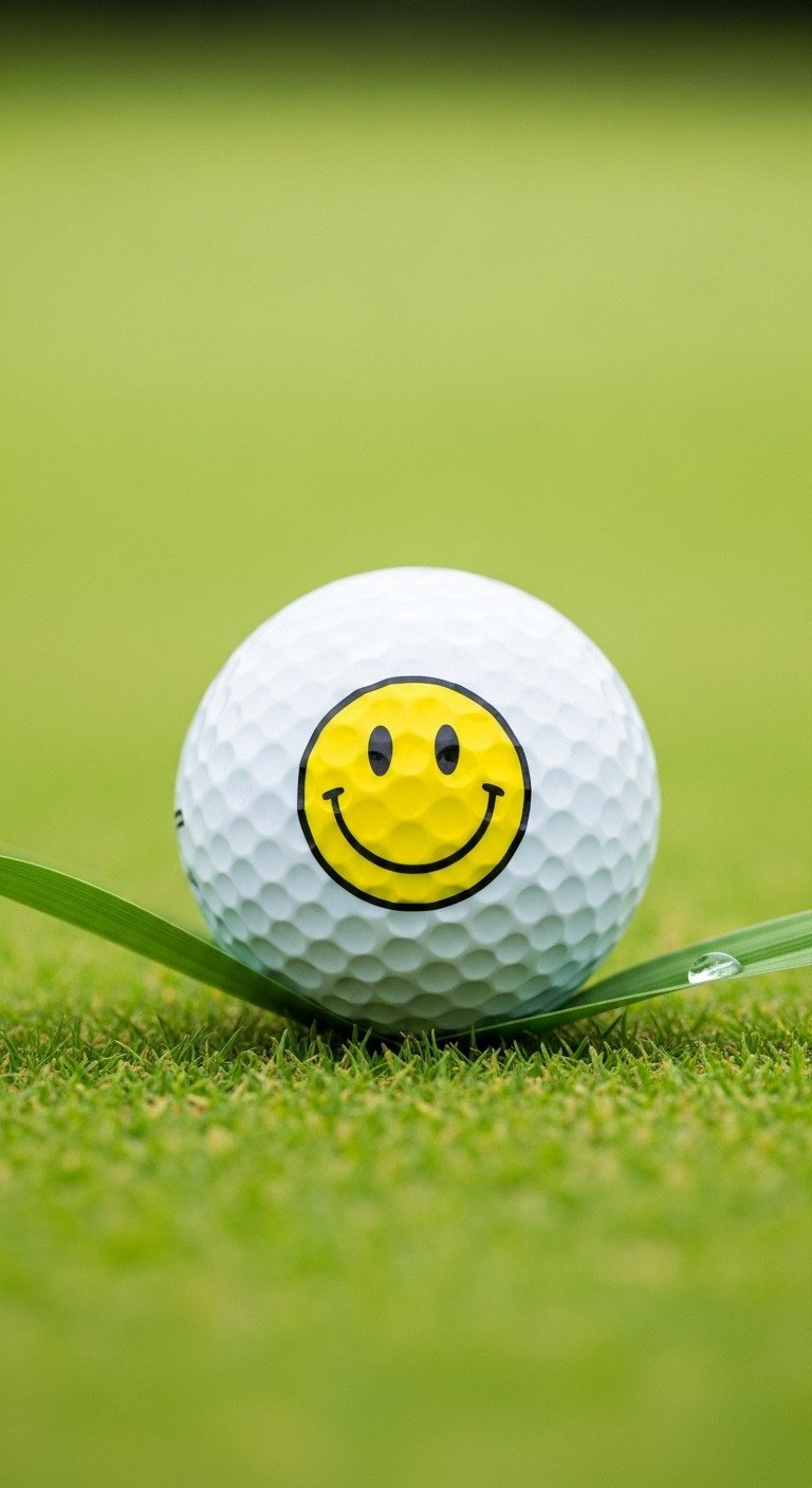 A Close-Up Of A White Golf Ball With A Hand-Drawn Yellow Smiley Face, Sitting On A Blade Of Grass On A Sunny Golf Green.
