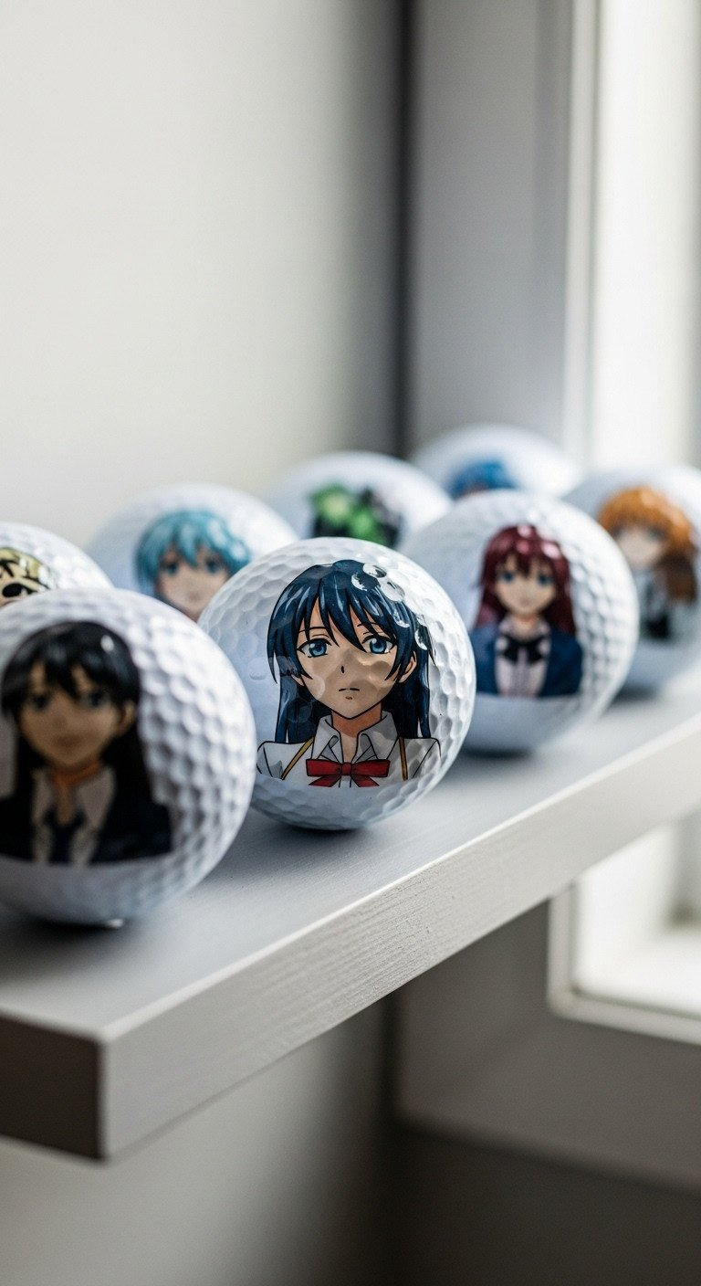 A Collection Of Finished, Hand-Drawn Anime Golf Balls With A Glossy Sealed Finish Curing On A Minimalist Gray Shelf.