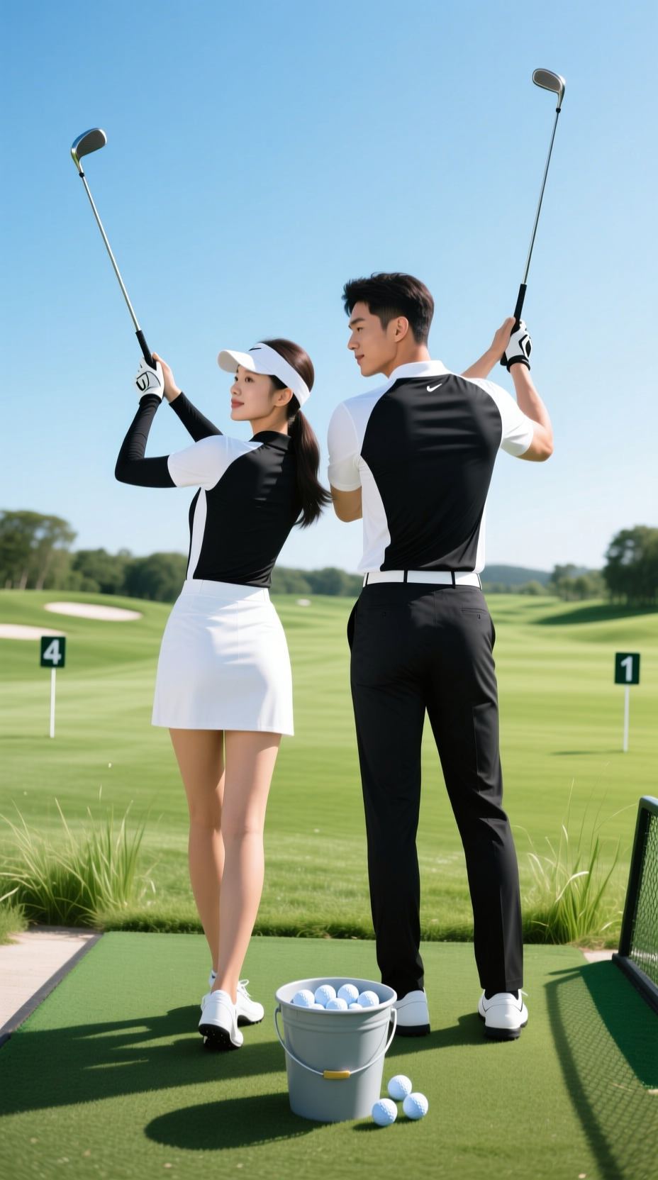 A Couple In Matching Athletic Wear Swings Their Golf Clubs In Perfect Unison At A Sunny Driving Range.