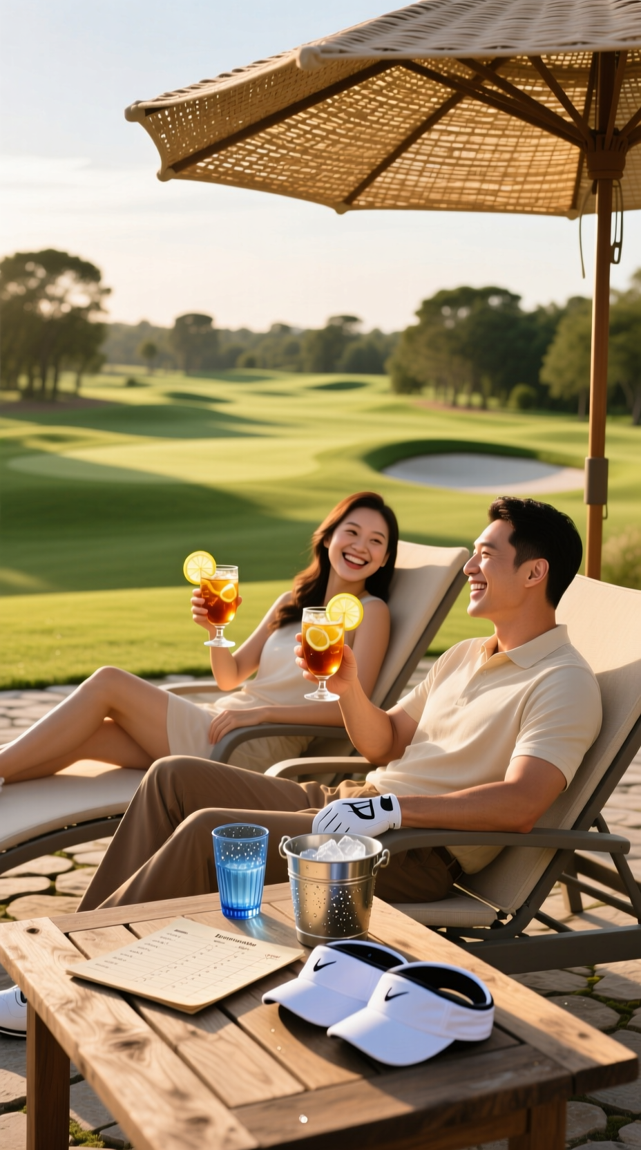 A Couple Laughs While Clinking Glasses Of Iced Tea On A Clubhouse Patio After A Relaxing Round Of Golf.